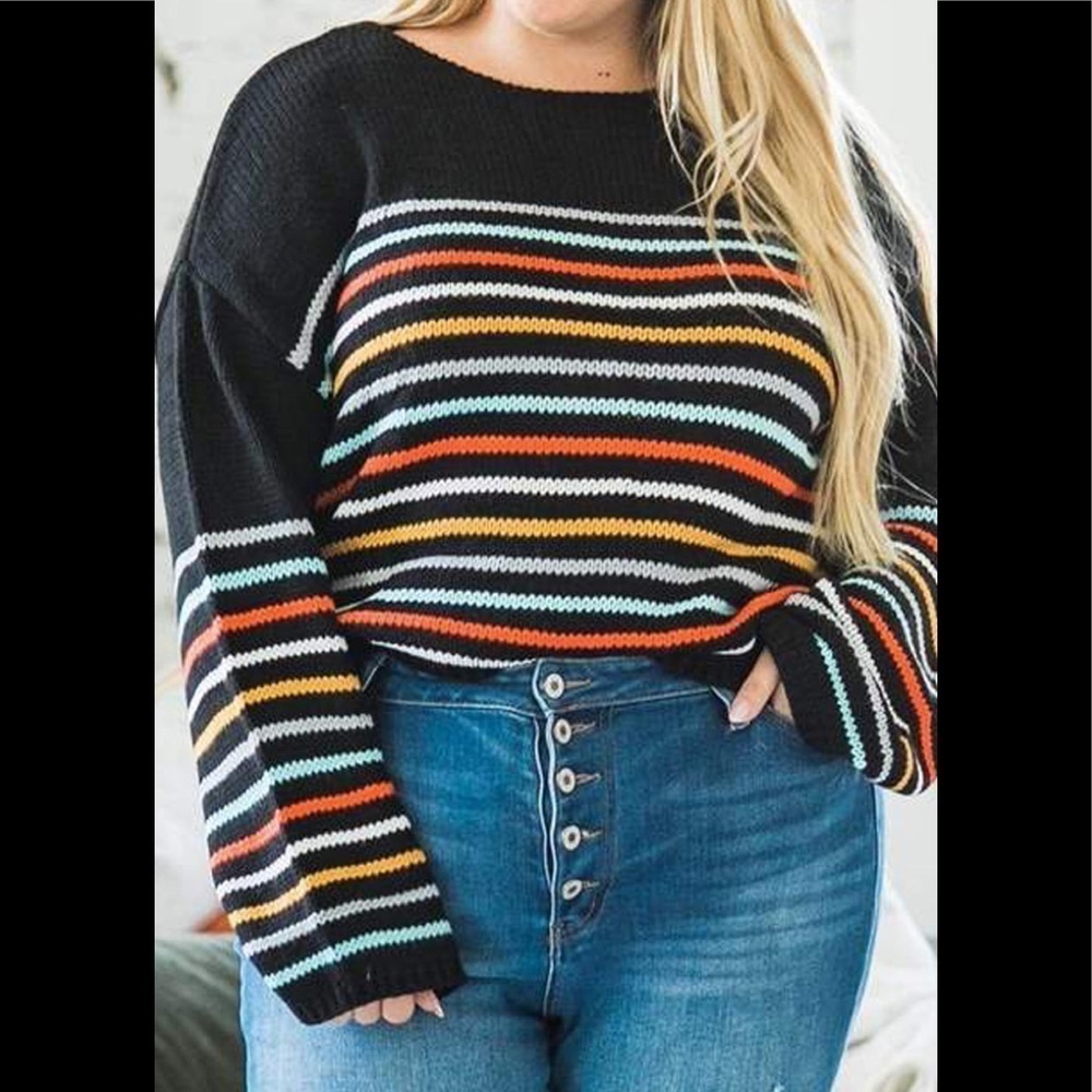 New PLUS TO 5X Black Multi Stripe Sweater